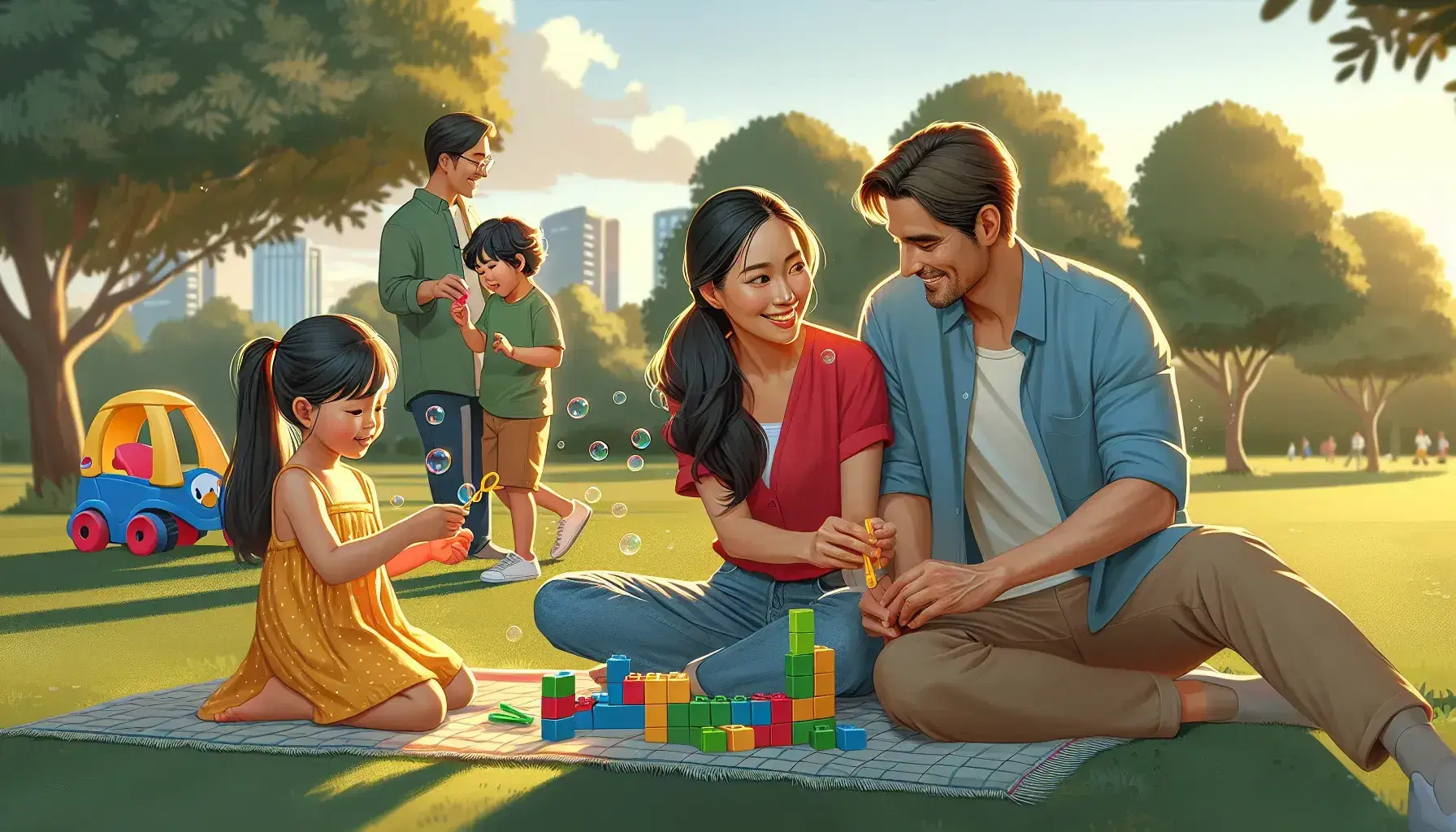 South Asian family in a park, mother in red t-shirt smiles sitting on blanket, father plays with daughter and bubbles, son builds with colorful blocks.