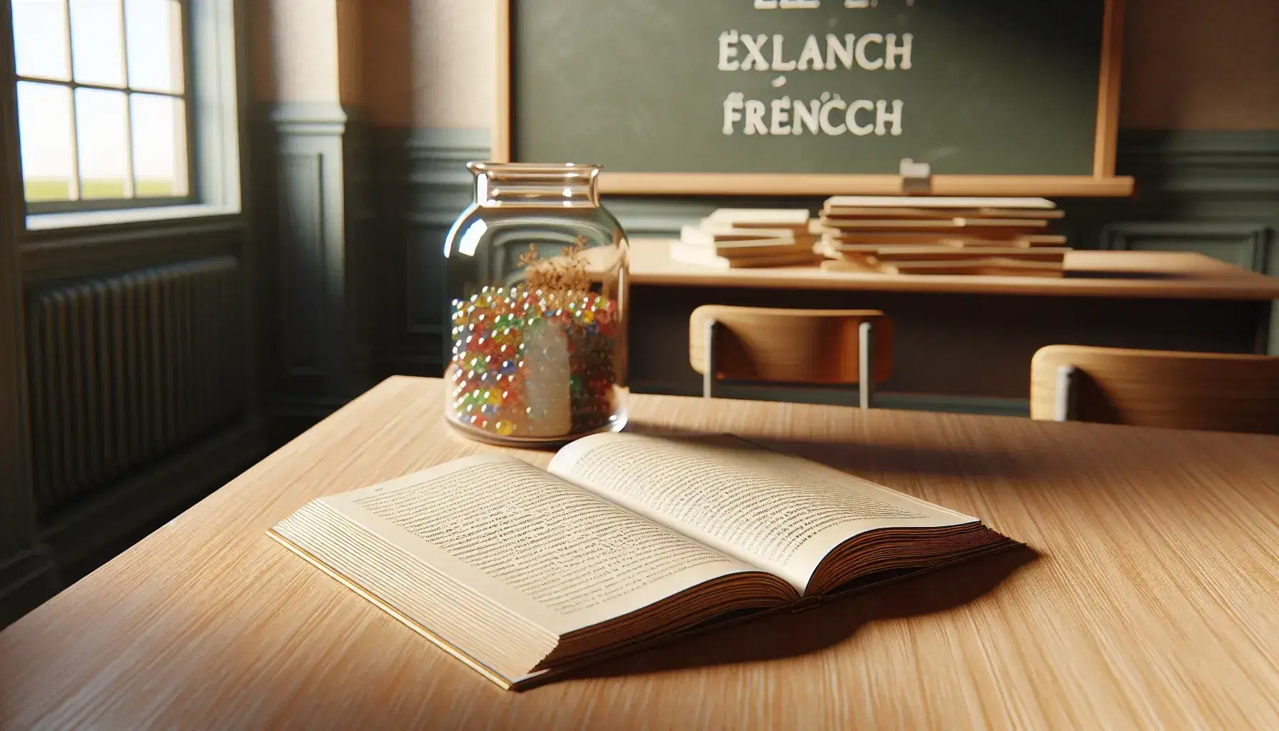 Serene French classroom with an open textbook on a wooden desk, a jar of colorful marbles, a clean chalkboard, and a potted plant on a stool.