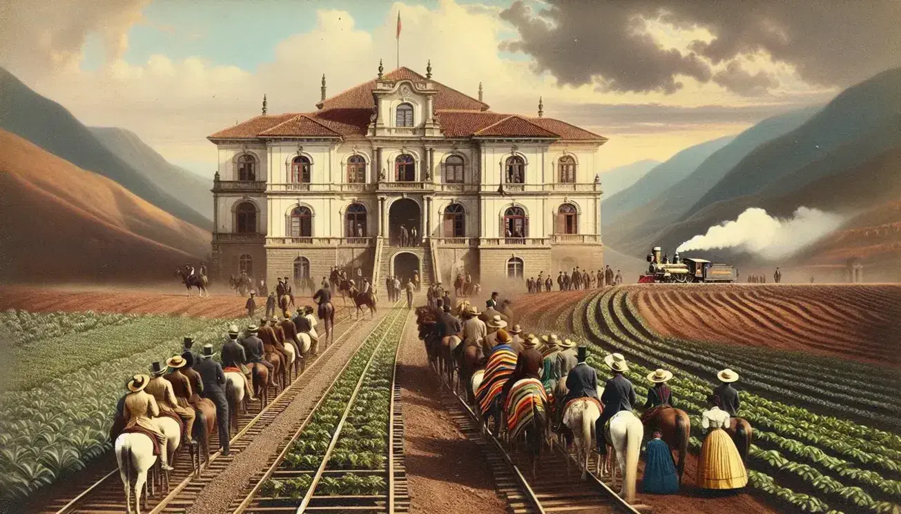 Grupo de personas con vestimenta de finales del siglo XIX frente a mansión colonial, vías de tren con locomotora a vapor y jinetes con sarapes al lado.
