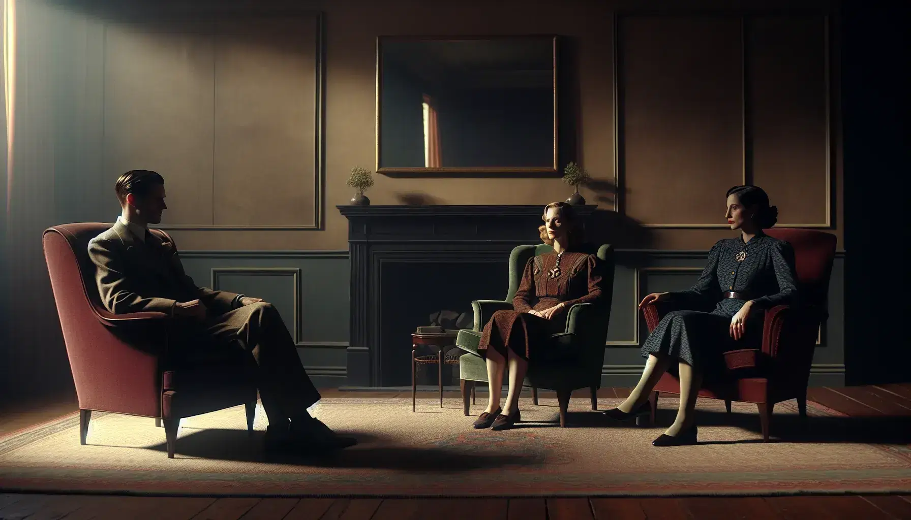 Three diverse individuals seated in vintage armchairs within a dimly lit, minimalist room with a plain fireplace and mirror.