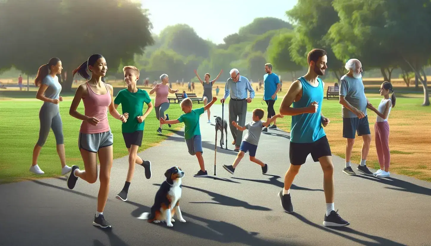 Grupo diverso realizando actividades físicas en parque soleado, con corredores en primer plano, yoga y niños jugando al fondo, y anciano paseando perro.