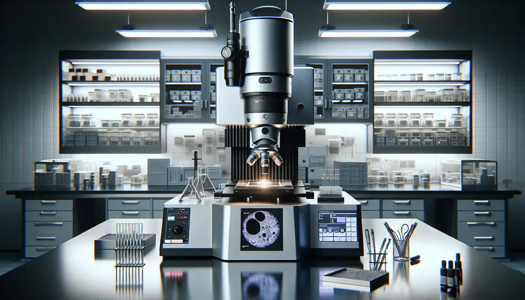 Microscopio elettronico a trasmissione di ultima generazione in laboratorio biologico con strumenti e provette su tavolo di lavoro.