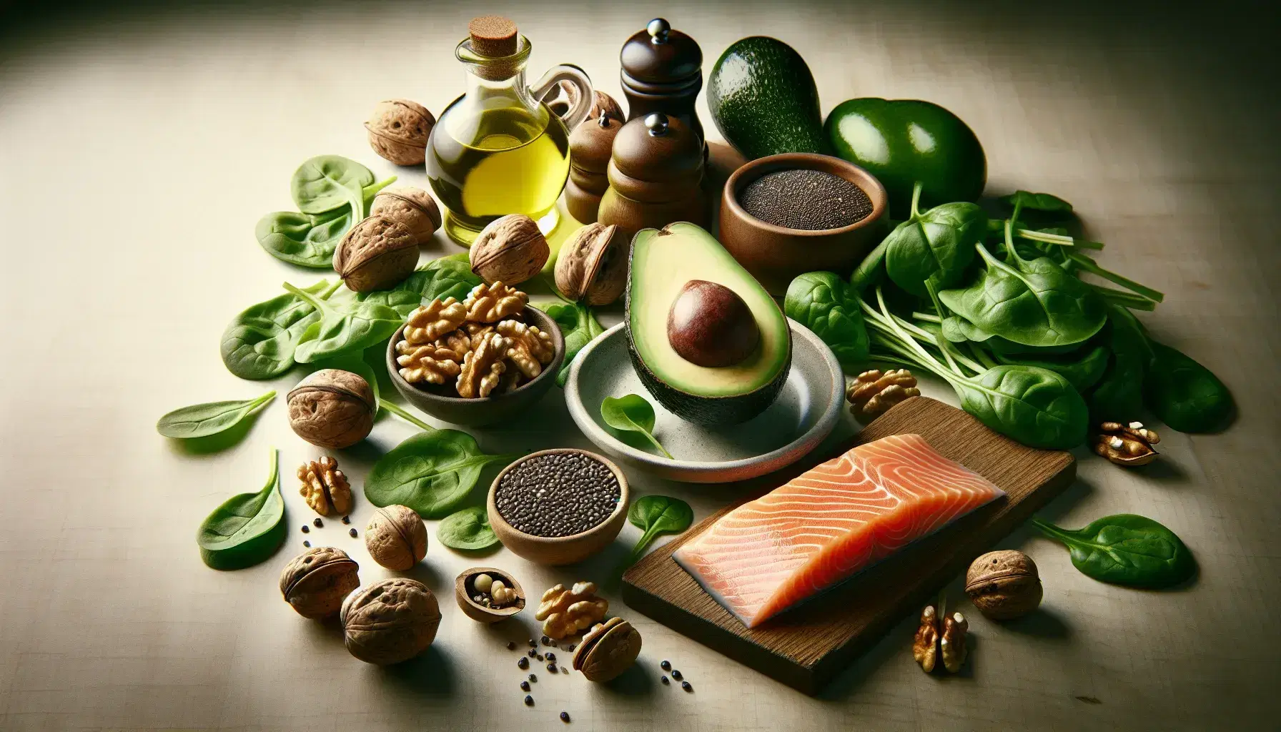 Variedad de alimentos saludables con aguacate cortado, nueces, filete de salmón, aceitunas, espinacas y semillas de chía sobre superficie de madera clara.