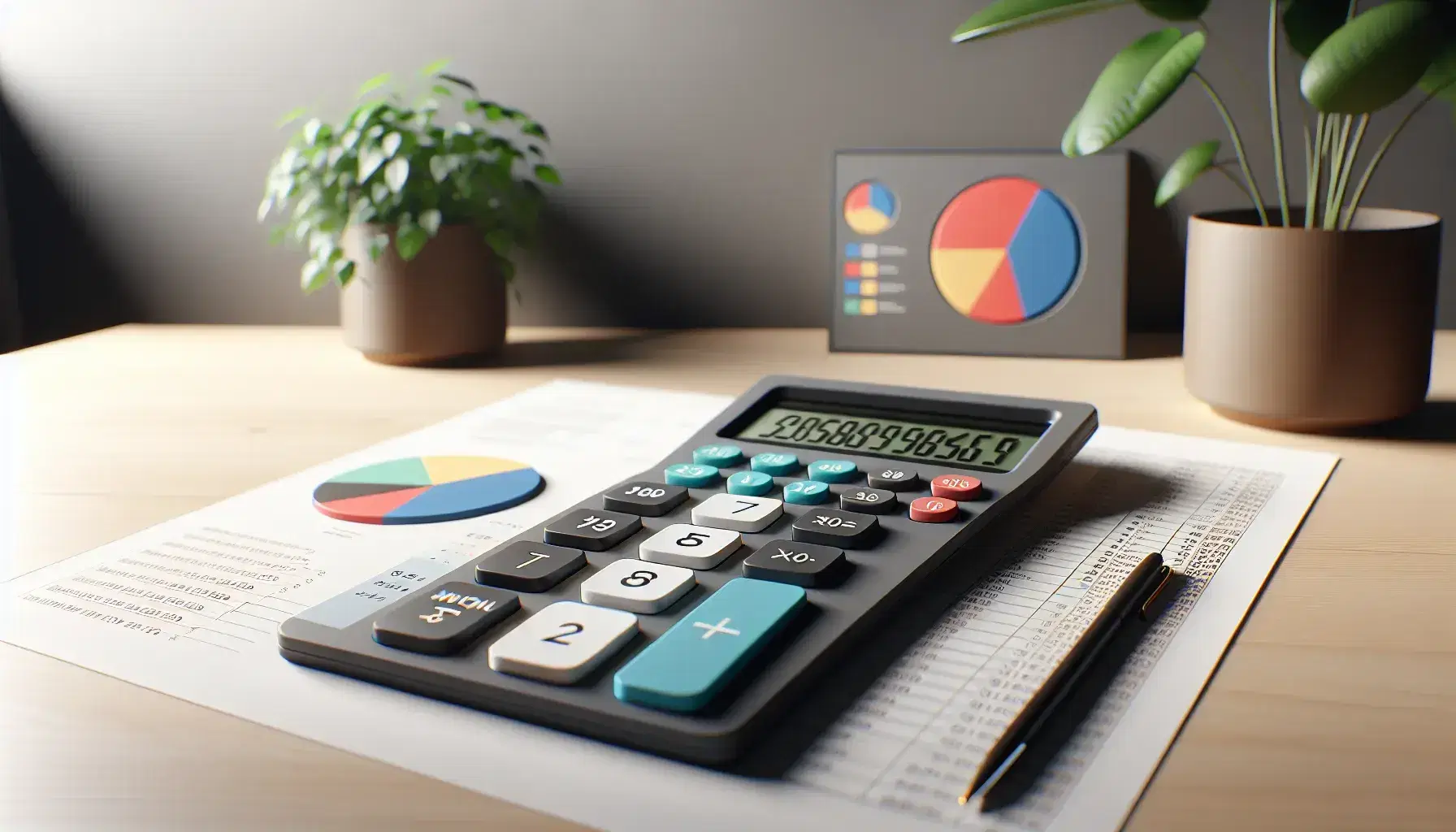 Calculadora científica en mesa de madera con gráficos de pastel en colores variados al lado y planta de interior al fondo, iluminación suave.