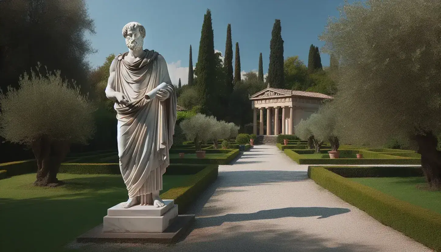 Estatua de mármol blanco de Aristóteles en jardín al aire libre, de pie con toga y sosteniendo un pergamino, con edificio clásico y cielo despejado al fondo.