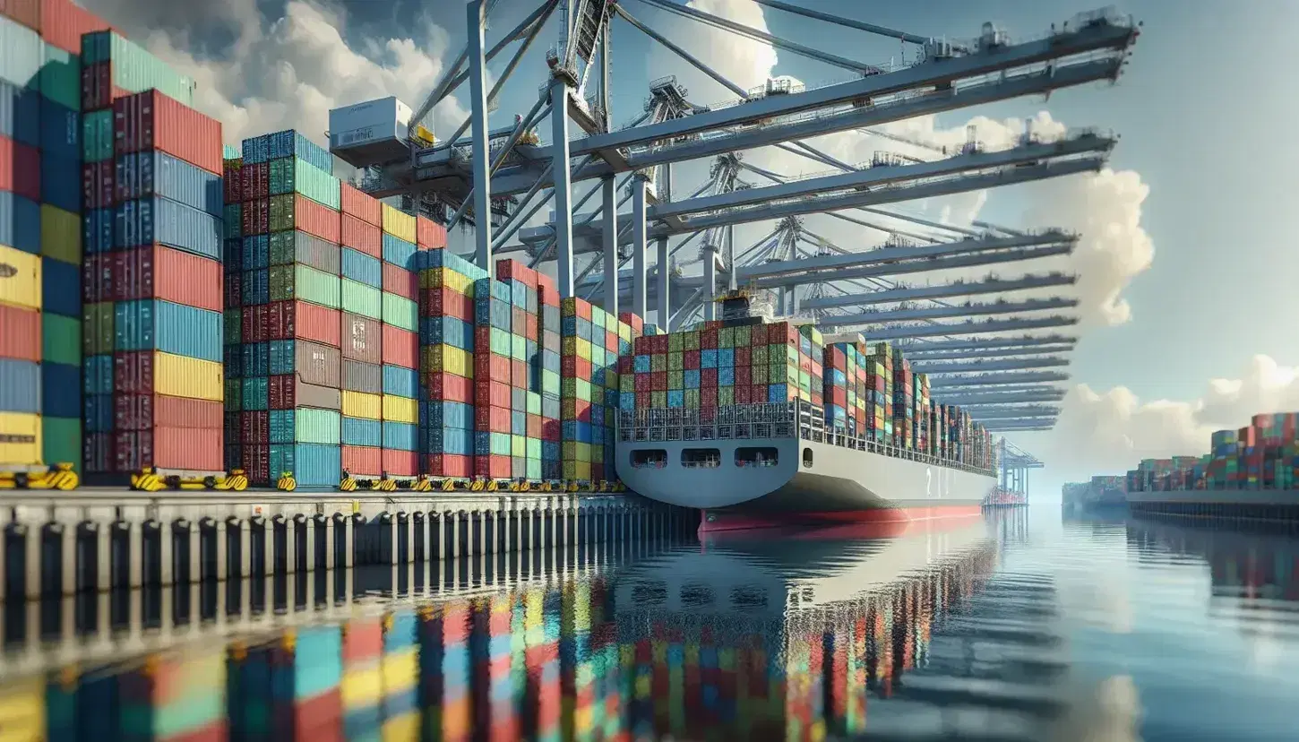 Contenedores de carga apilados en colores variados en un puerto comercial con una grúa portuaria y un barco parcialmente visible en un día soleado con nubes dispersas.