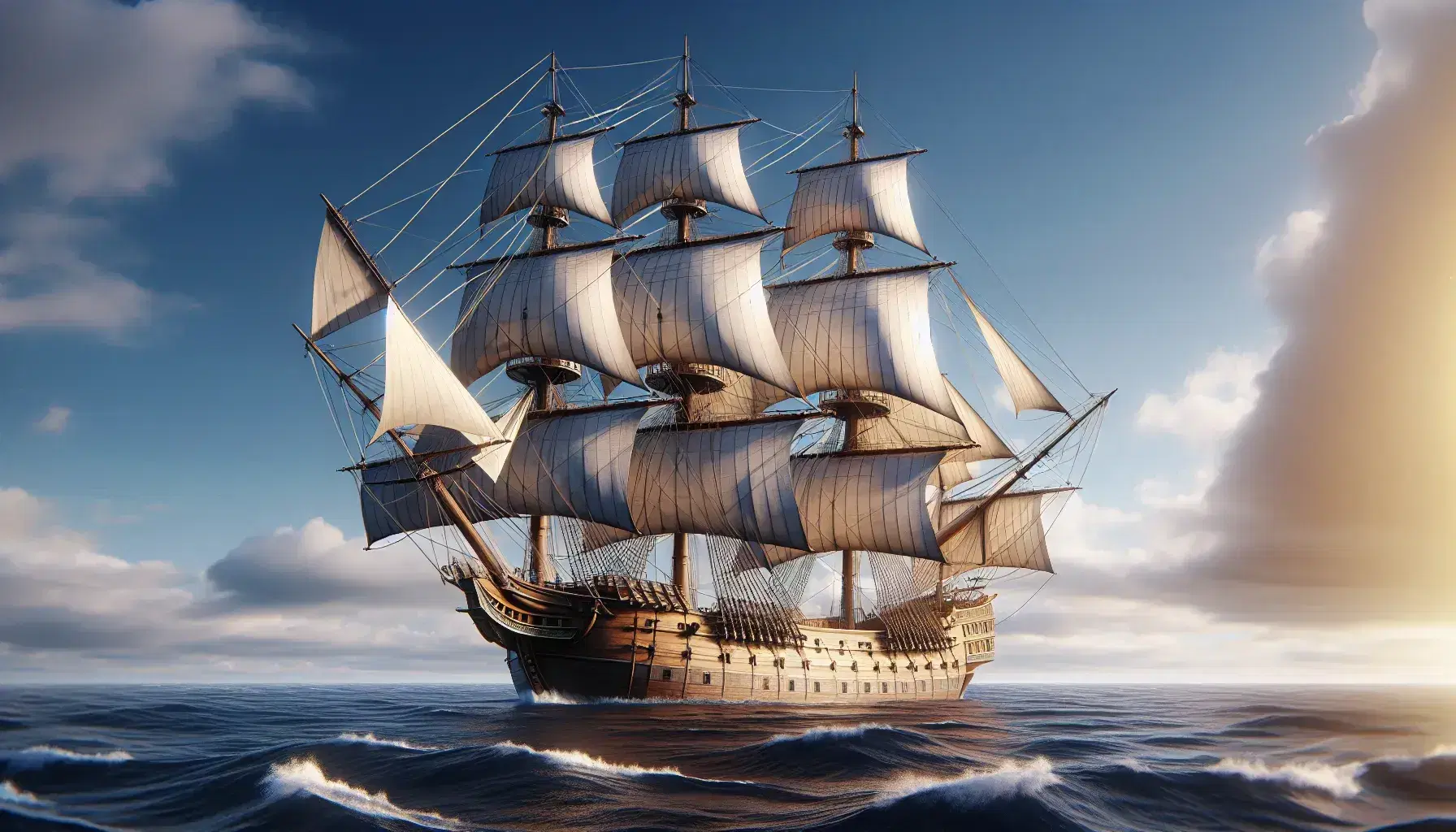 Three-masted Age of Exploration sailing ship with billowed white sails on the deep blue sea, clear sky above, and deck lined with cannons.