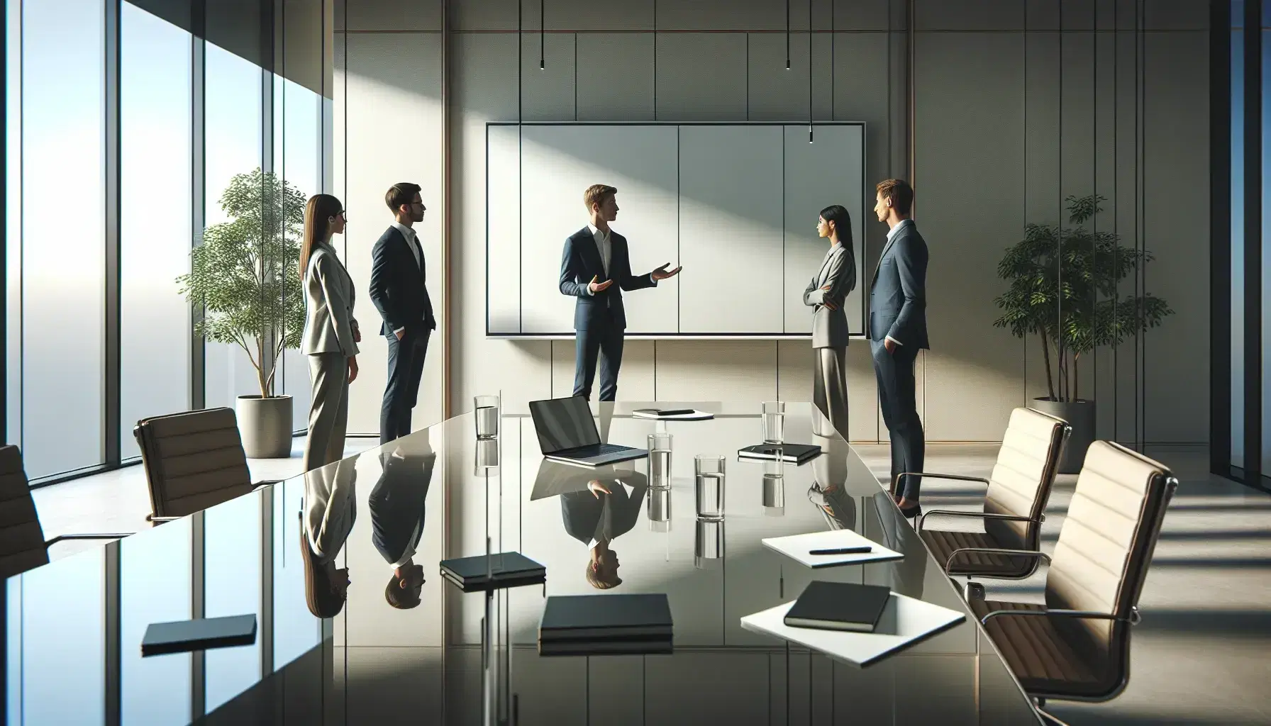 Grupo de cinco profesionales en oficina moderna atendiendo a una presentación sin elementos visibles de marca, reflejados en mesa de vidrio con objetos de trabajo.