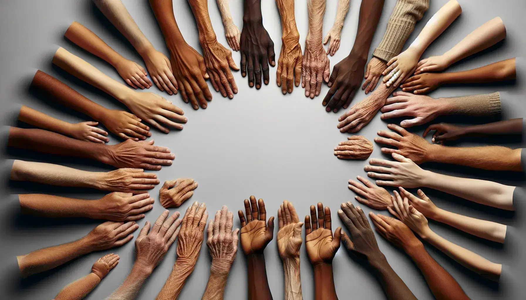 Manos de diversas edades y tonos de piel extendidas en semicírculo hacia un punto central sobre fondo neutro, simbolizando unidad y diversidad.
