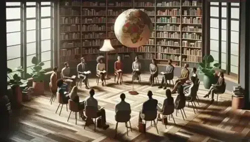 Grupo diverso atento a una lectura en biblioteca con estantes llenos, globo terráqueo en primer plano y planta verde, bajo luz natural y de lámpara.