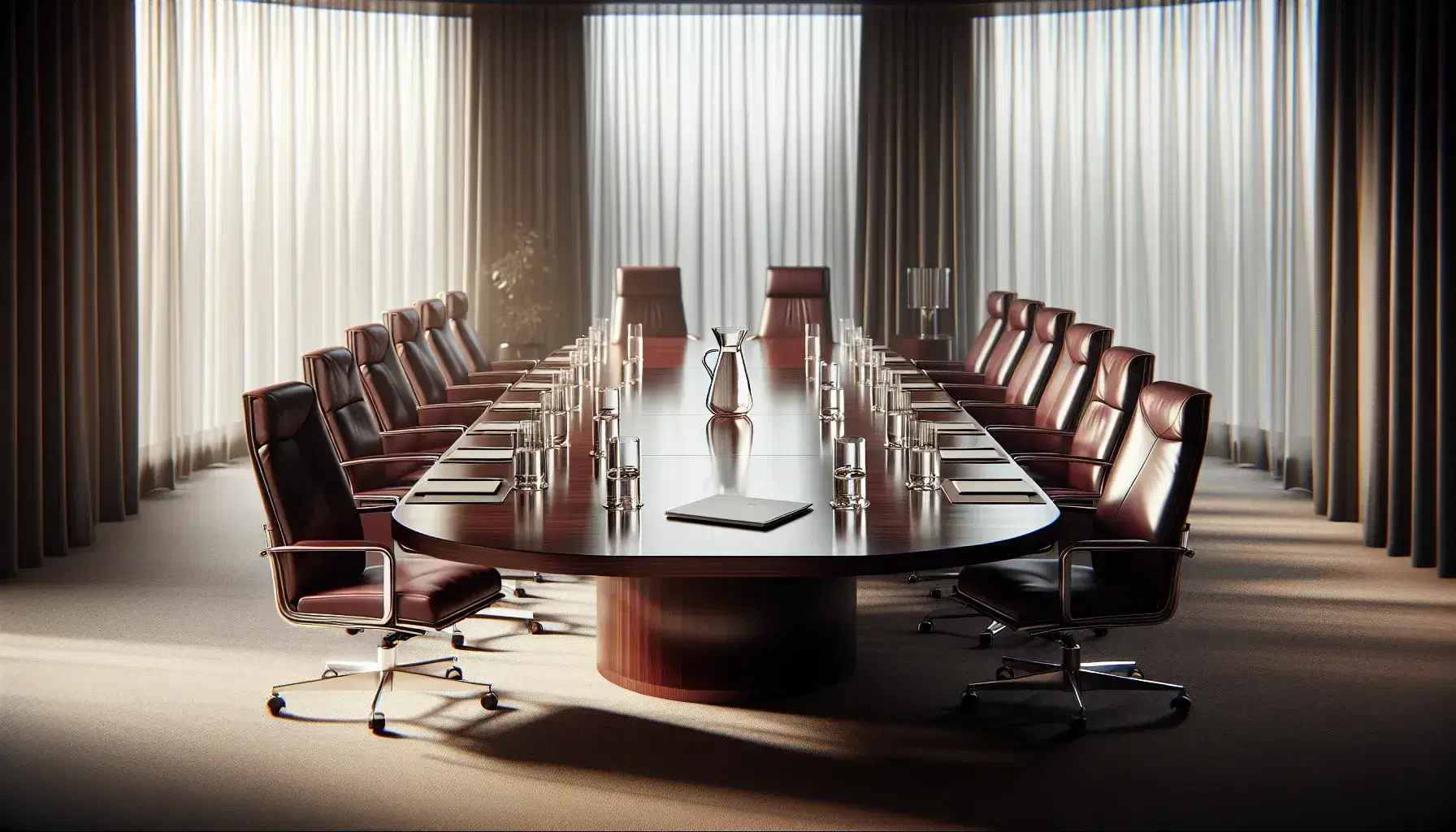 Elegant boardroom with a large oval mahogany table, burgundy leather chairs, a laptop, water glasses, and a pitcher, bathed in soft natural light.