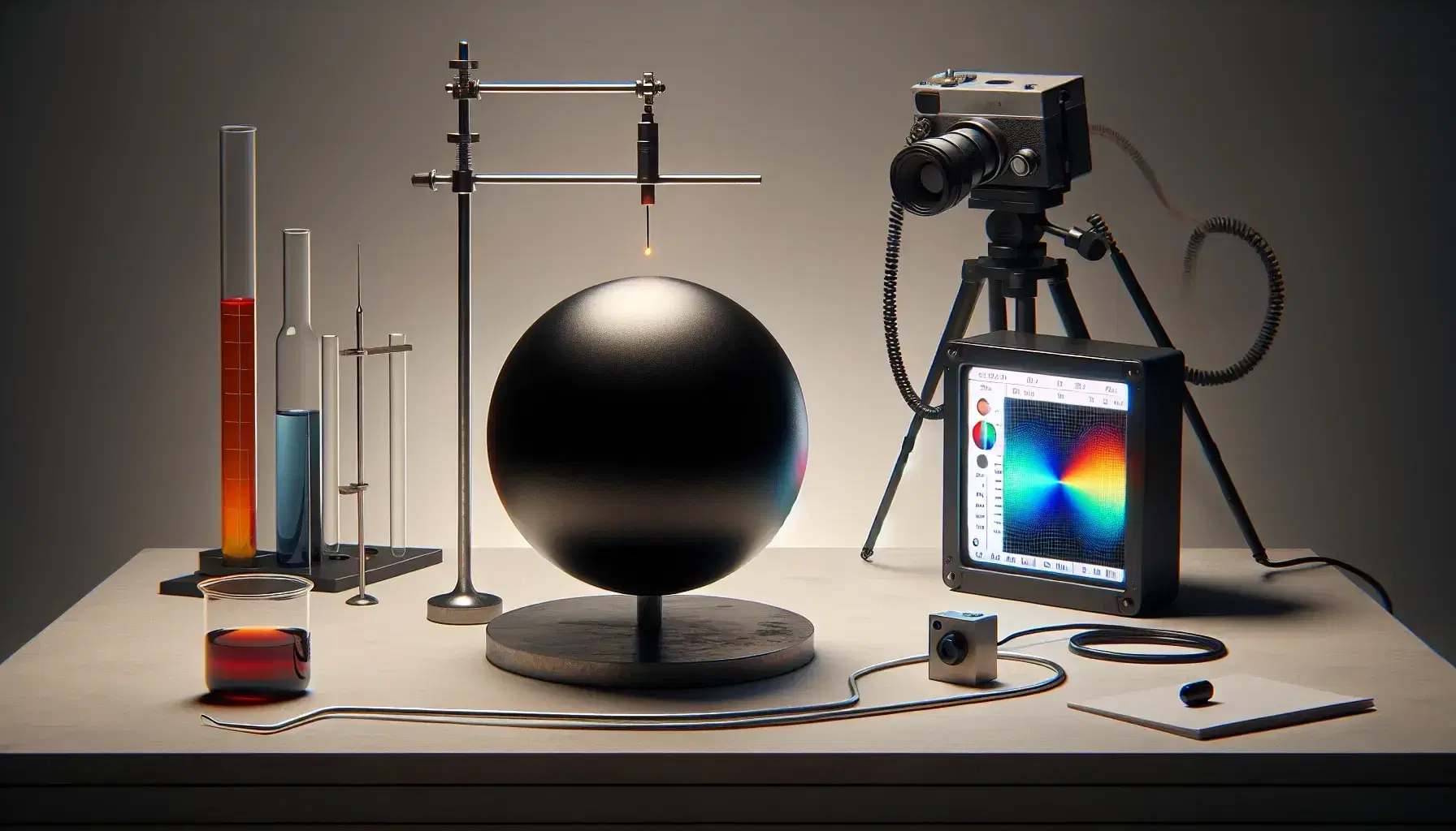 Black body sphere on stand in lab with thermocouple and infrared camera displaying thermal radiation, beside flask with light spectrum on wall.