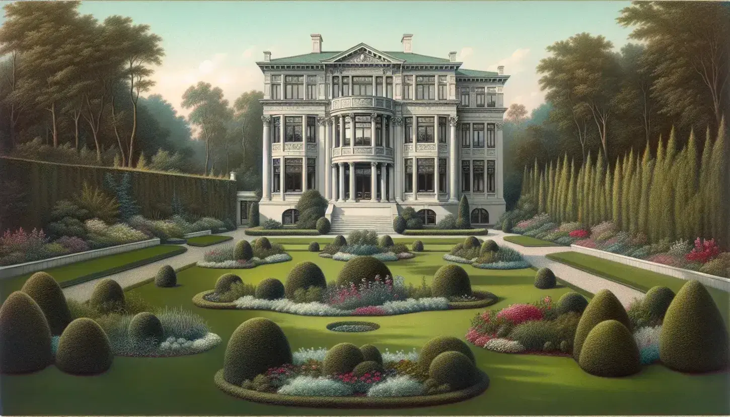 Early 20th-century mansion with white columns and triangular pediment, surrounded by a manicured garden with colorful flowers and a stone pathway.