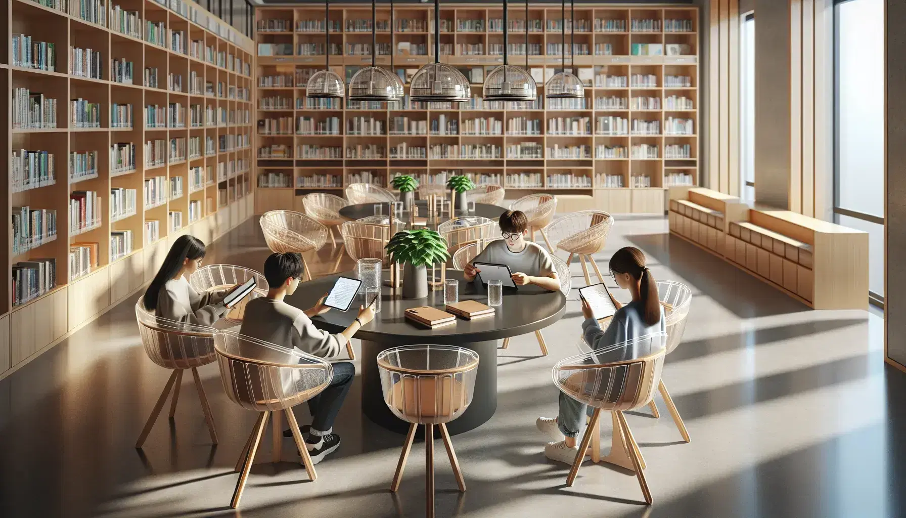 Biblioteca moderna con estantes de madera clara llenos de libros, mesa redonda con estudiantes usando tabletas y tomando notas, planta verde al fondo.
