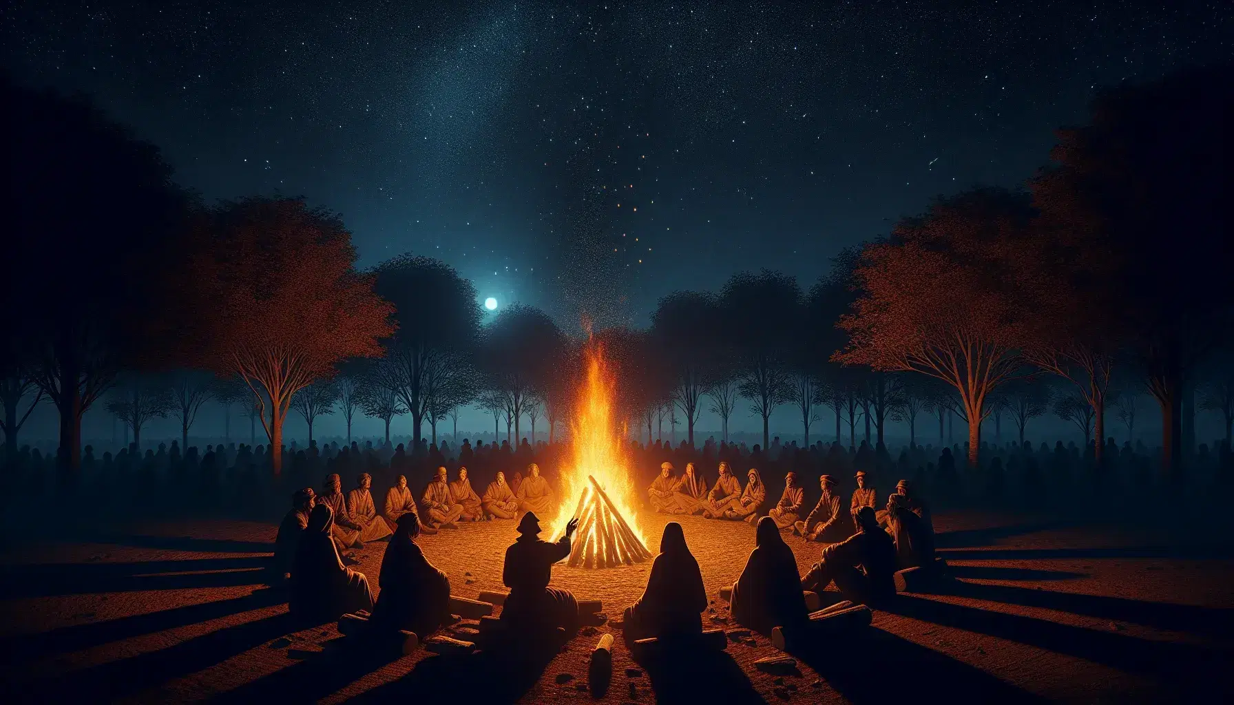 Noche estrellada con fogata central y siluetas de personas sentadas en semicírculo, reflejando la luz del fuego en sus rostros y árboles al fondo.