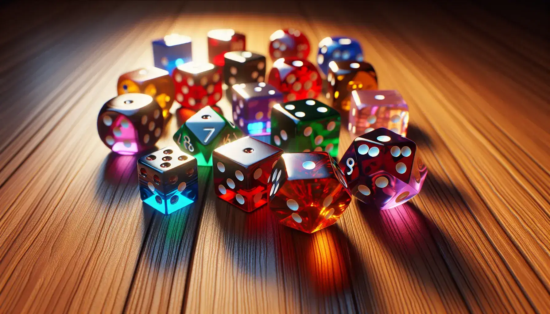 Close up of colorful wooden dice with faces of 6, 8, 12 and 20, bright reflections on brown wooden surface.