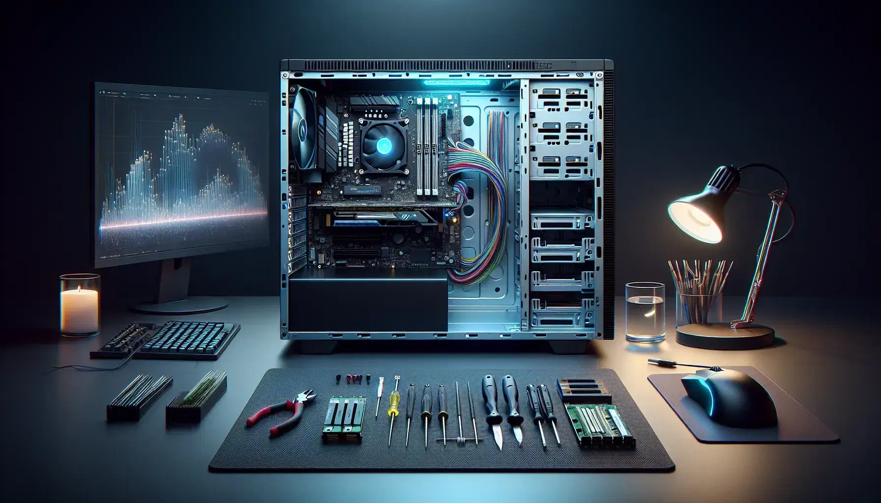 Workspace of a computer technician with open computer and internal components illuminated by blue LEDs, tool kit and external hard drives.
