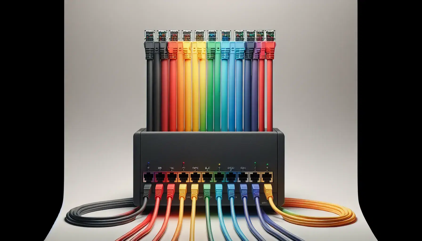Cables de colores del arcoíris conectados a un dispositivo de red negro con puertos alineados, sobre fondo blanco y sin sombras marcadas.