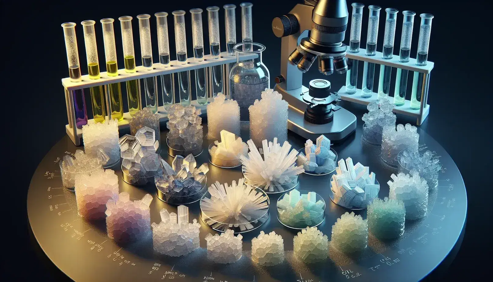 Cristalli di aminoacidi colorati su tavolo da laboratorio con provette e microscopio moderno accanto a Petri con proteina cristallizzata.