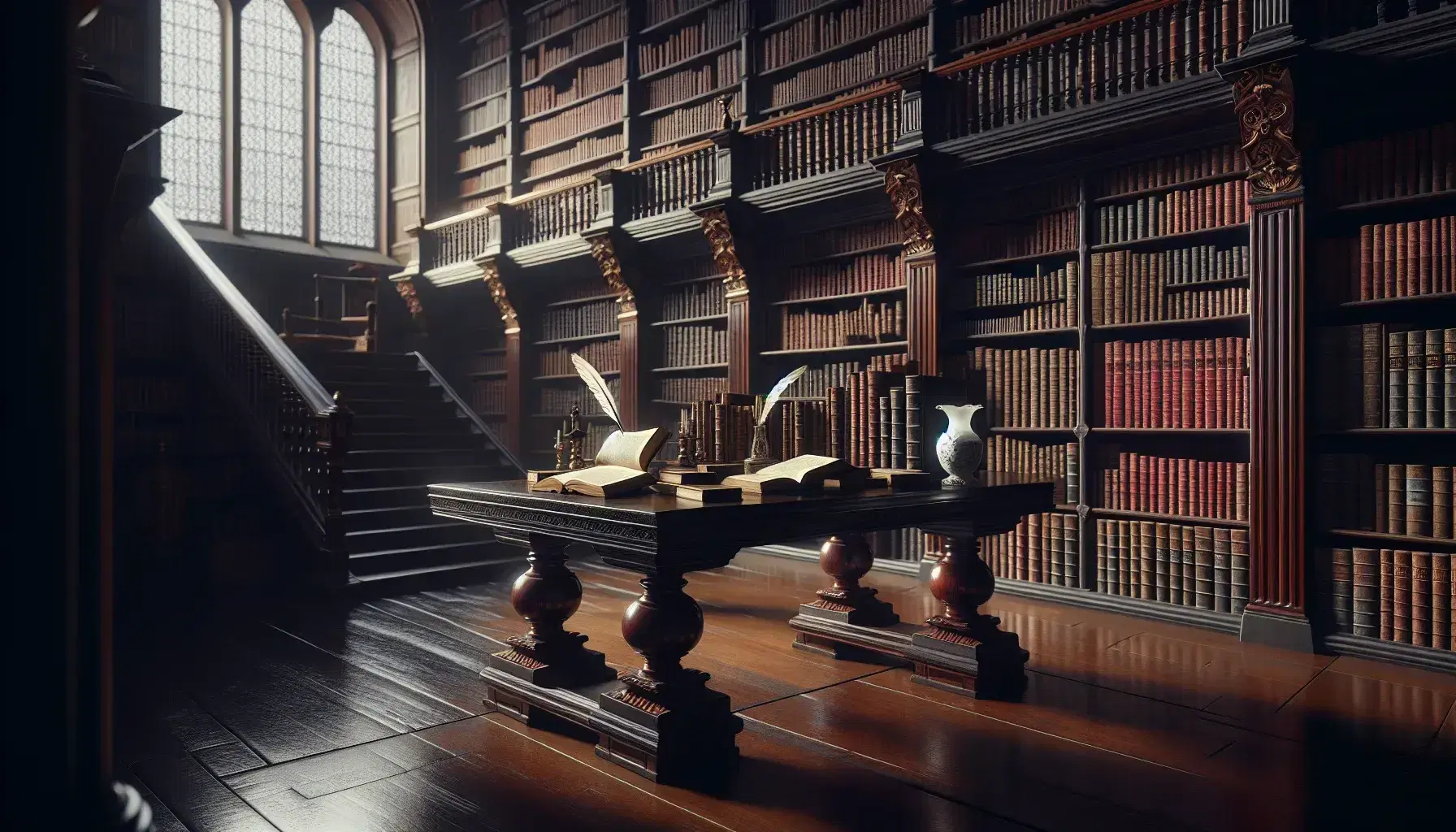 Biblioteca antigua con estantes de madera oscura llenos de libros encuadernados en cuero, mesa central con libros abiertos, pluma y tintero, luz natural de ventana arqueada.
