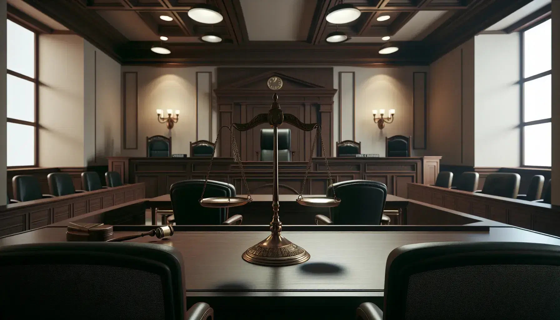 Sala de tribunal con mesa de abogados, estrado del juez con silla alta verde y podio de madera para testigos, balanza de justicia en primer plano.