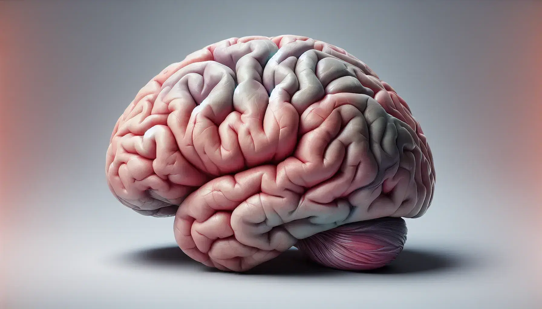 Human brain in lateral view with left hemisphere visible, detail of gyri and sulci, area highlighted in blue near the fissure of Sylvius.