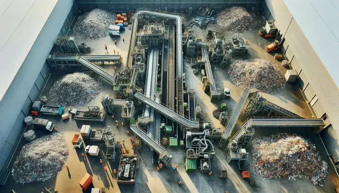 Vista aérea de planta de reciclaje industrial con cintas transportadoras de materiales, trabajadores con chalecos de seguridad y maquinaria de procesamiento en un día soleado.