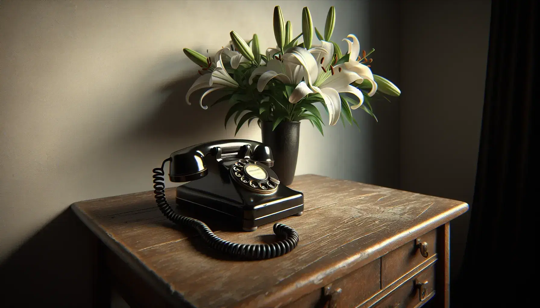 Vintage black rotary dial telephone on a wooden desk with a vase of white lilies, casting soft shadows in natural light.