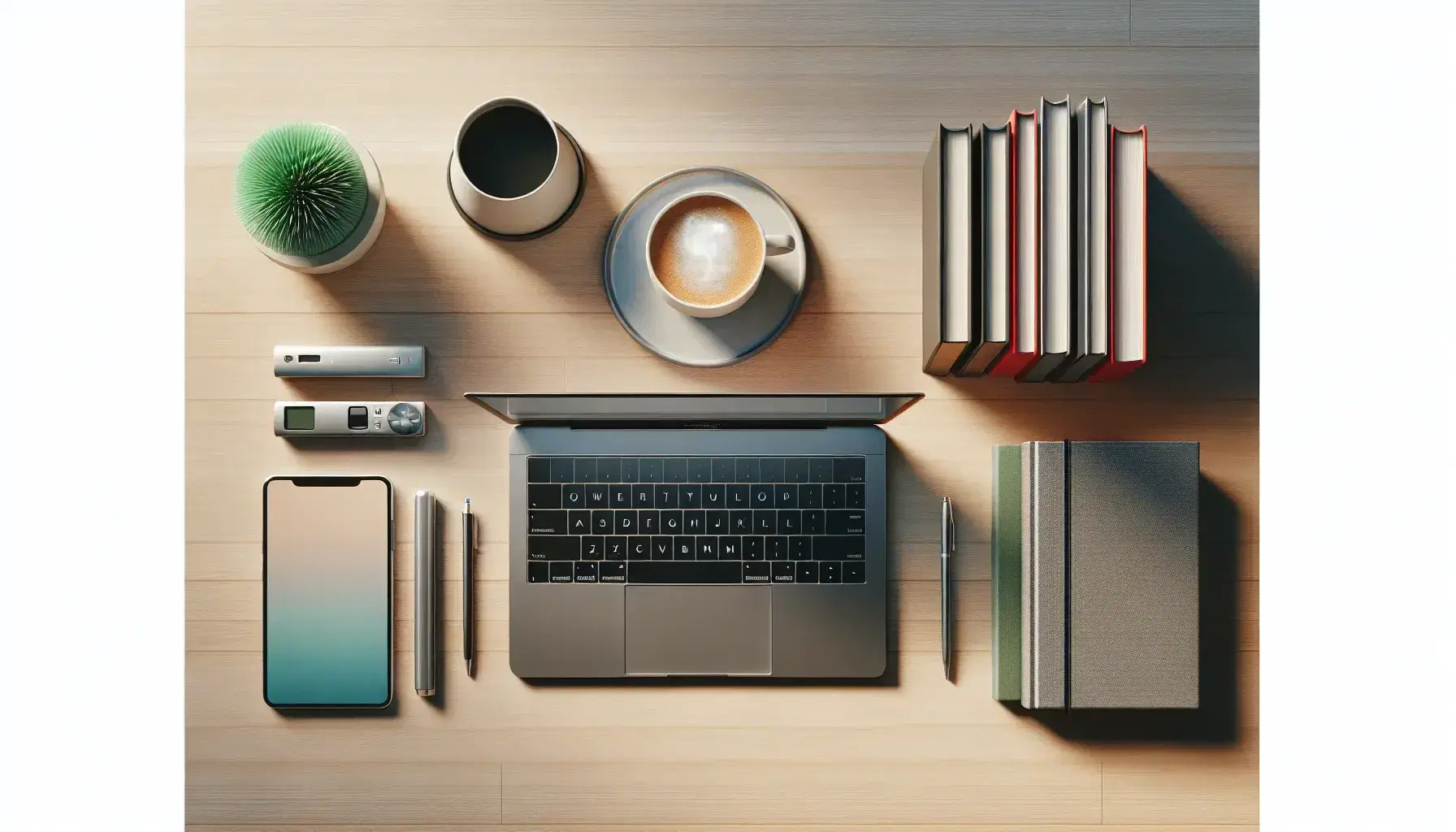 Organized desk with modern laptop, cup of steaming coffee, stacked colorful books, green plant and headphones connected to computer.