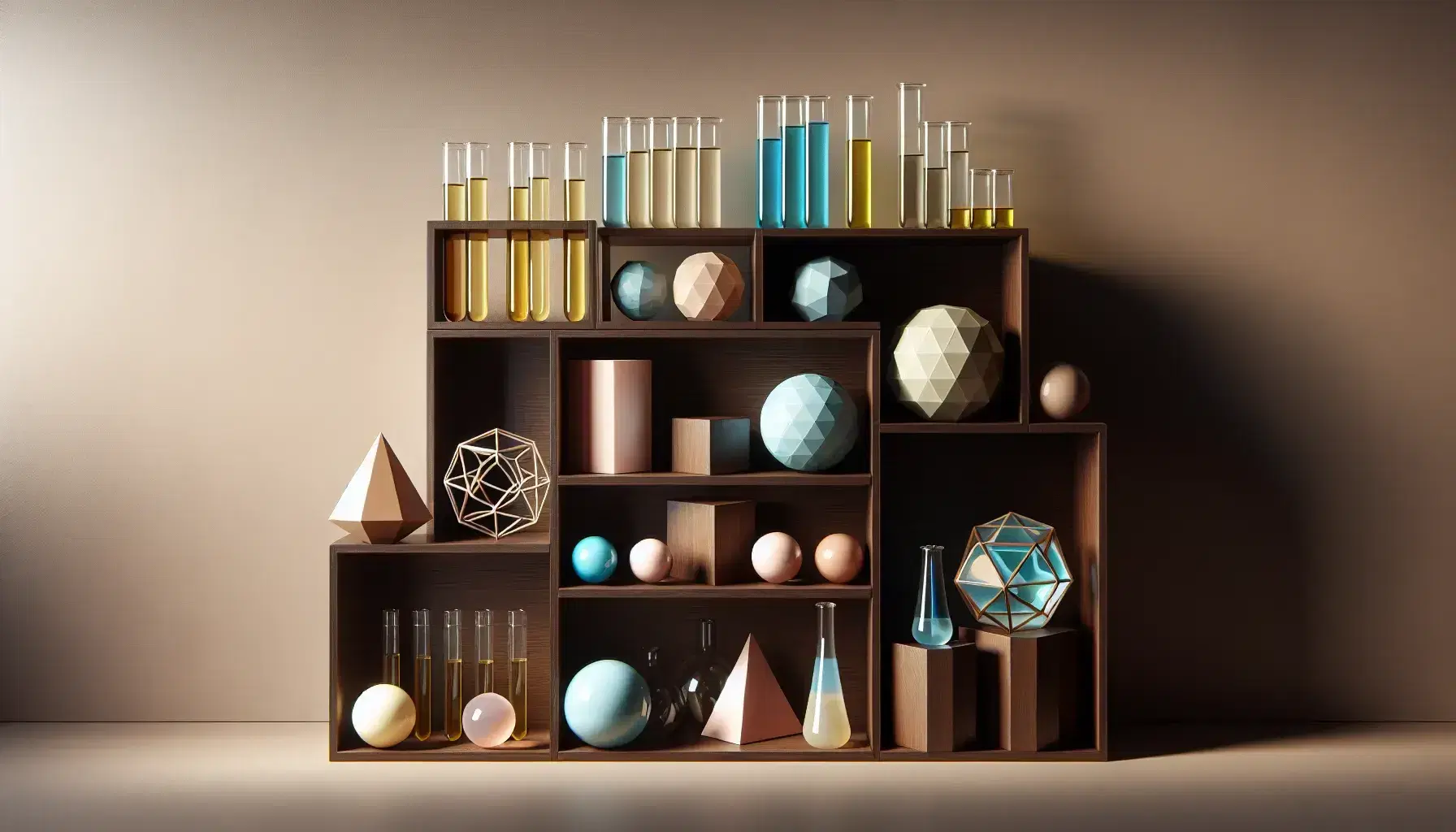 Estante de madera con esferas de vidrio, cubos de madera, pirámides metálicas, cilindros cerámicos, conos de plástico y figuras geométricas en fondo beige.