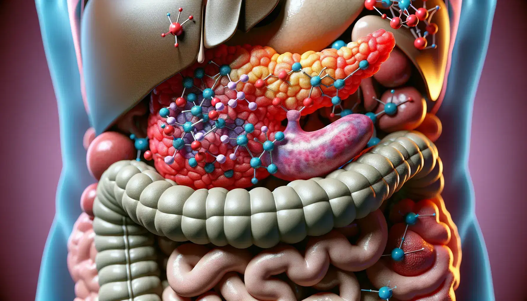 Pancreas umano dettagliato con sfumature rosa-rosse, circondato da stomaco, fegato e intestino, e molecola di insulina in primo piano.