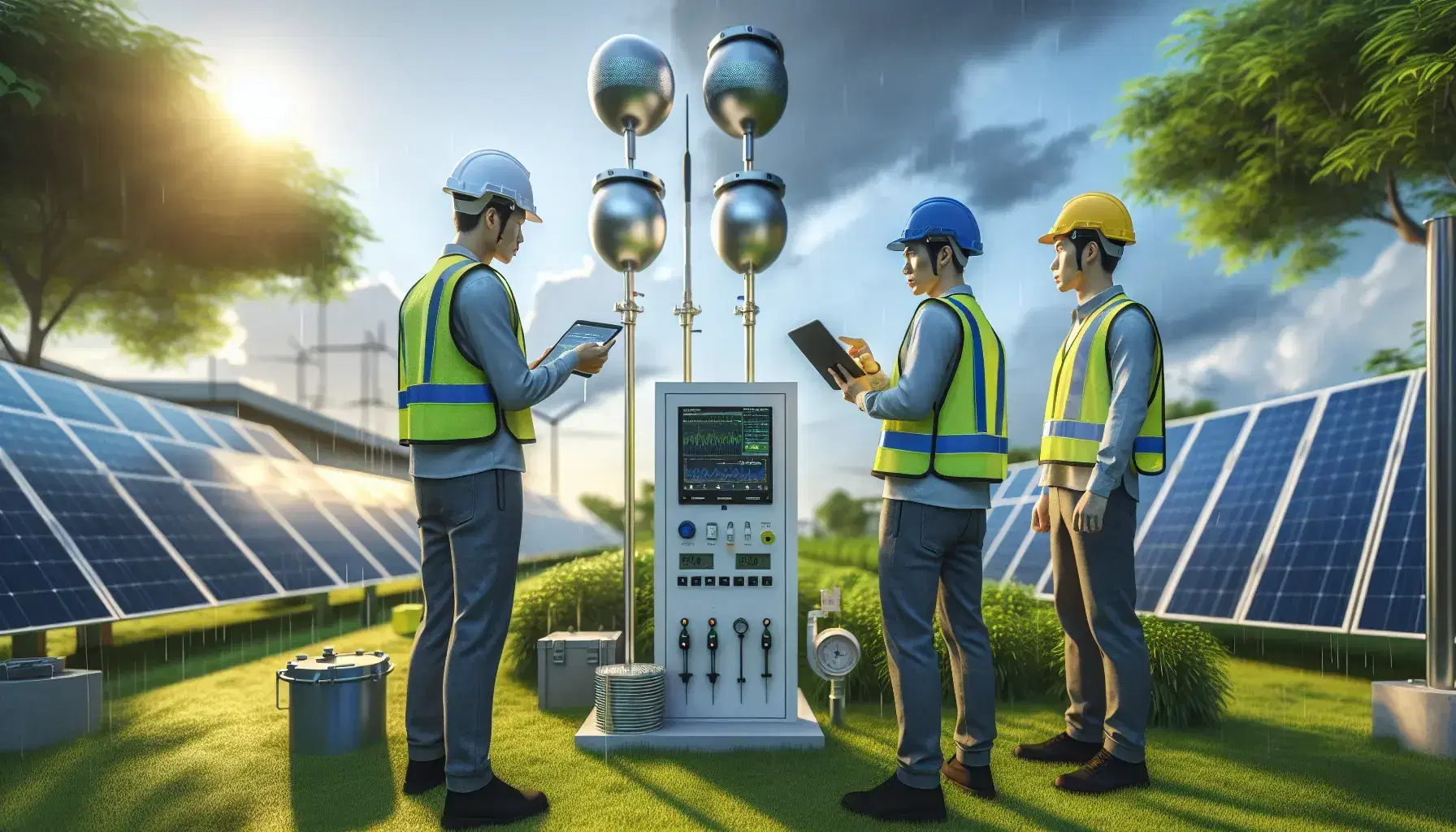 Tres profesionales con cascos y chalecos reflectantes revisan datos en una tablet frente a filas de paneles solares y una estación de monitoreo ambiental en un día parcialmente nublado.