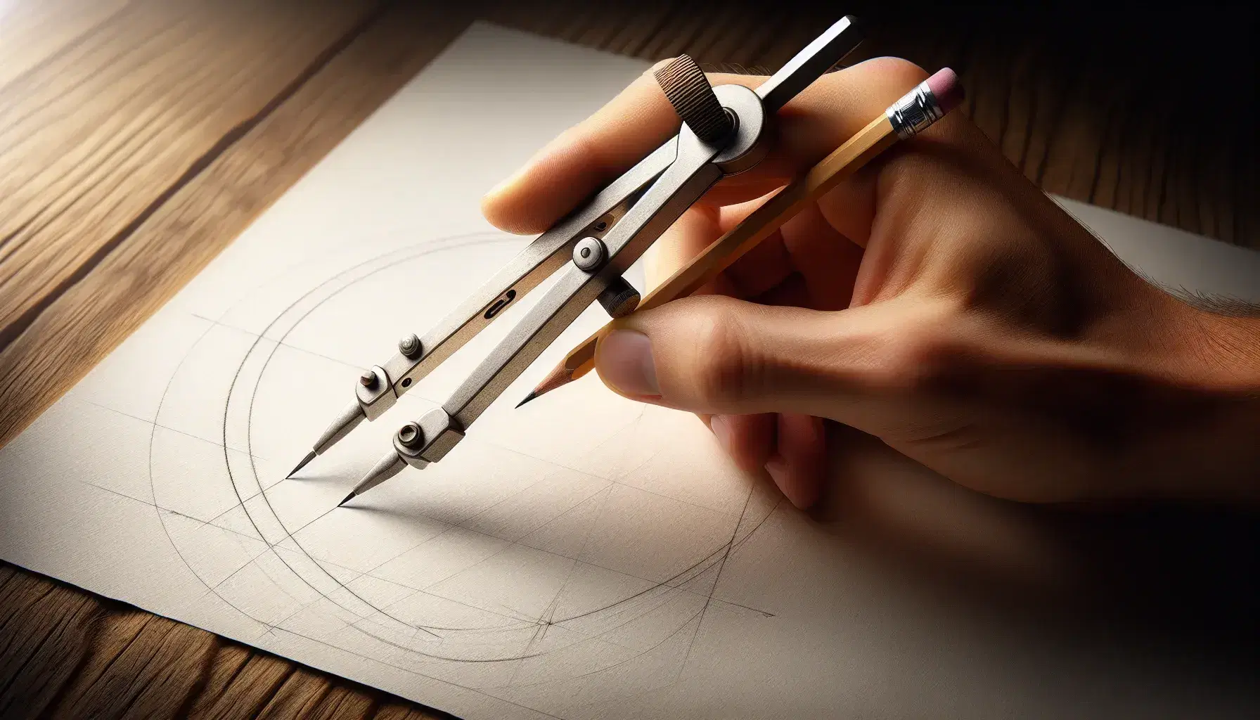 Close-up view of a hand using a silver compass to draw an incomplete circle on white paper, with a wooden surface background.