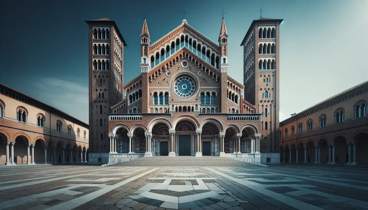 Facciata della Basilica di Sant'Ambrogio a Milano, con torri simmetriche in mattoni rossi, loggia e rosone, sotto un cielo azzurro.