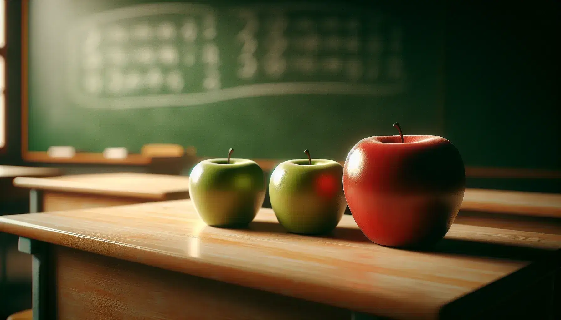 Tre mele di diverse dimensioni e colori allineate su banco scolastico in legno chiaro, con lavagna sfocata sullo sfondo.