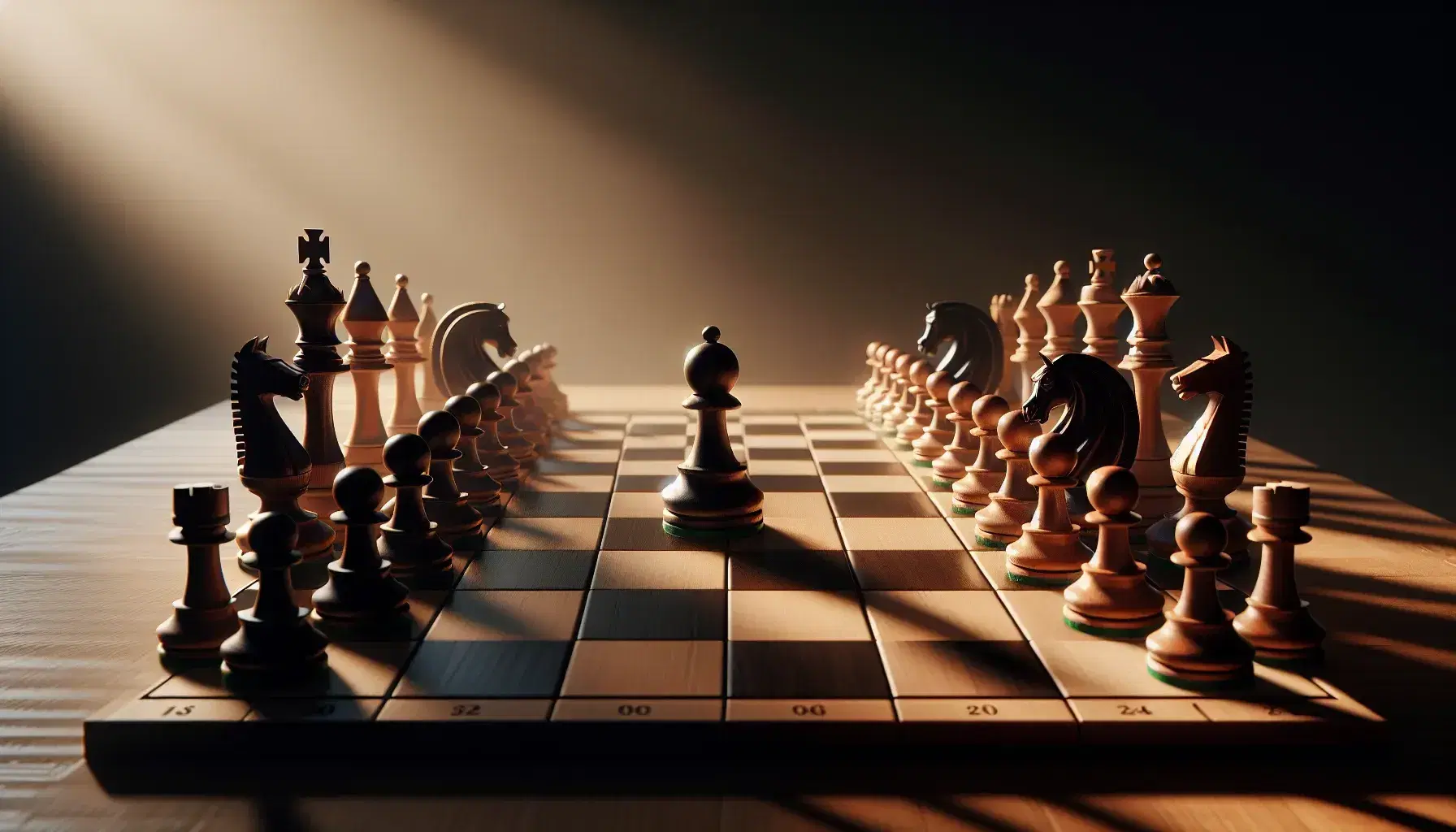Chessboard during an advanced game with white pawn in front of black pawn, white knight on the right, black bishop and black king in the background.
