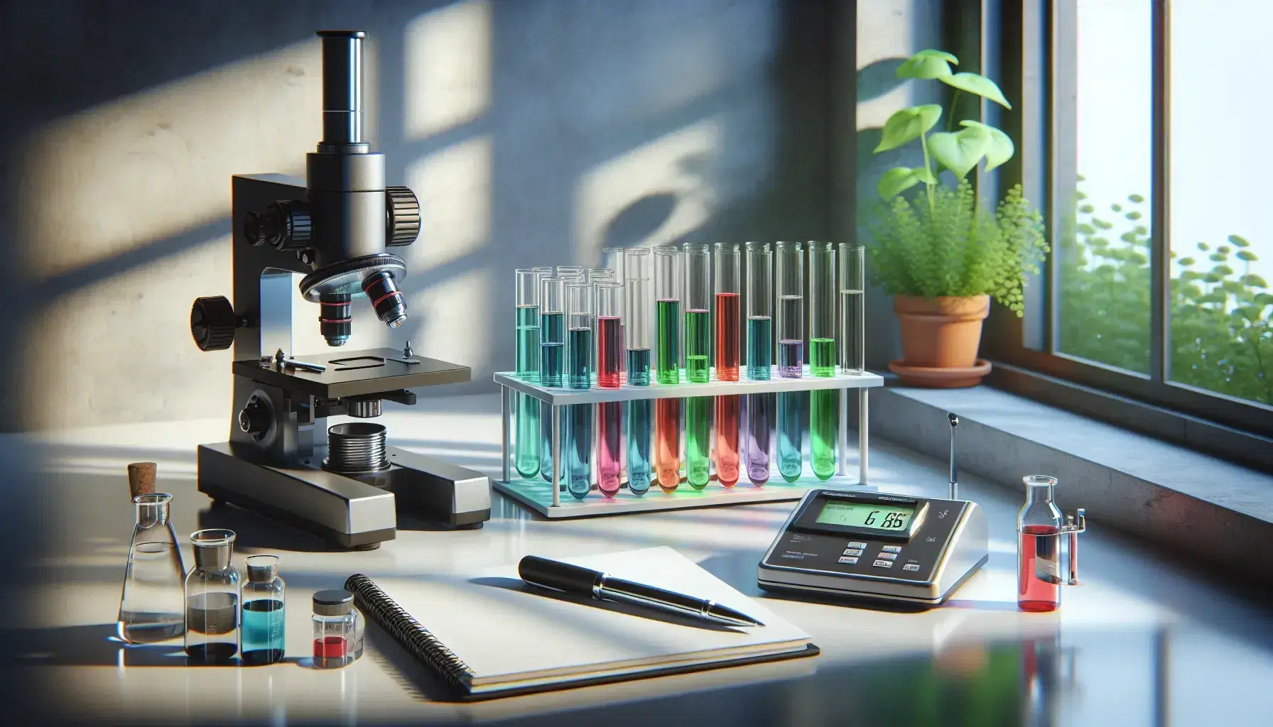 Laboratorio scientifico con microscopio elettronico, provette colorate, bilancia analitica digitale, quaderno e penna, piante sullo sfondo.