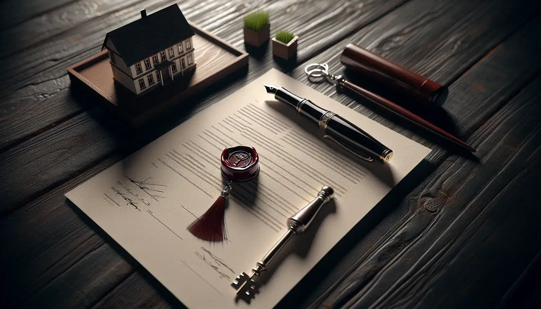 Mesa de madera oscura con contrato sin firmar, pluma estilográfica, sello de cera rojo, llaves metálicas y maqueta de casa sobre césped artificial.