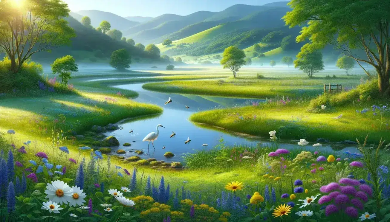 Serene morning landscape with a lush meadow of wildflowers, a tranquil river, a heron on the bank, rolling hills, and a sunlit pastel blue sky.