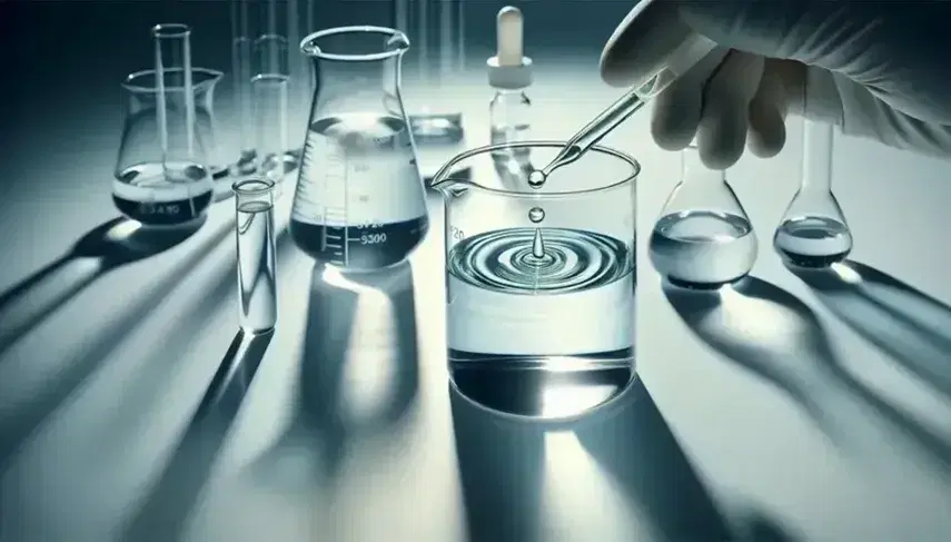 Glass beaker with transparent liquid and drops falling from pipette, gloved hands in laboratory, blurred background with laboratory glassware.
