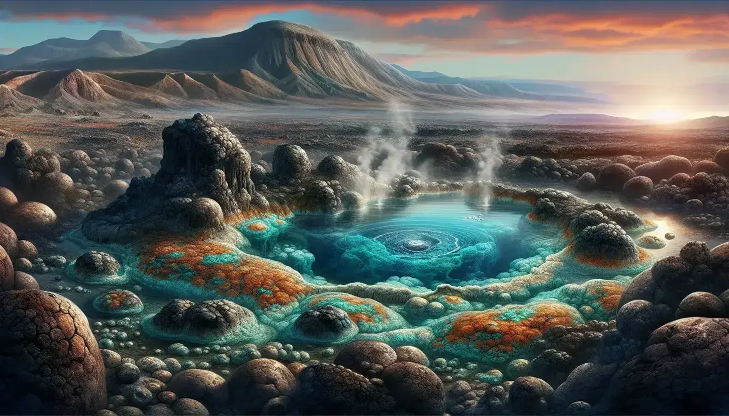 Serene prehistoric landscape with a bubbling hot spring, steam rising, surrounded by mineral-rich rocks and dormant volcano under a sunset sky.