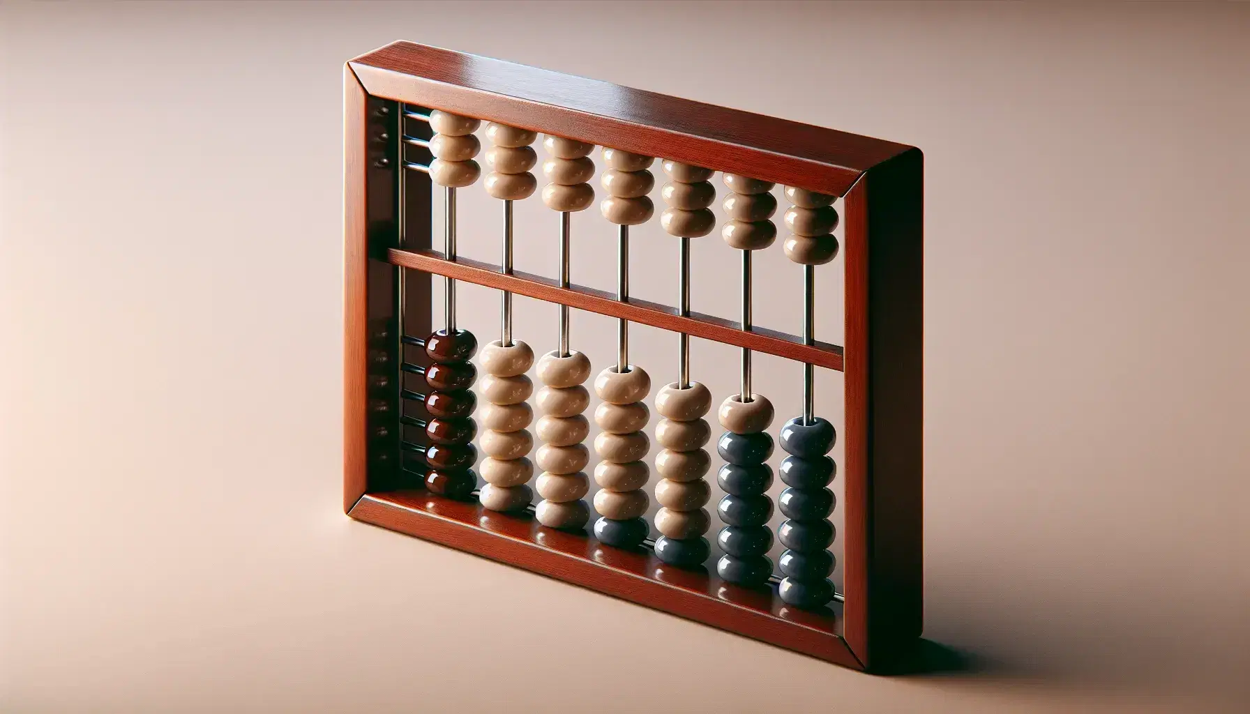 Close-up view of a traditional wooden abacus with ivory beads in the lower section and cobalt blue beads in the upper section on a neutral background.