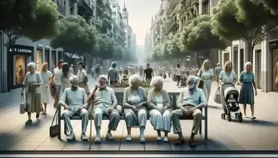 Elderly friends chat on a bench amidst a lively Spanish city street with greenery, pedestrians, and colorful historic buildings under a clear blue sky.