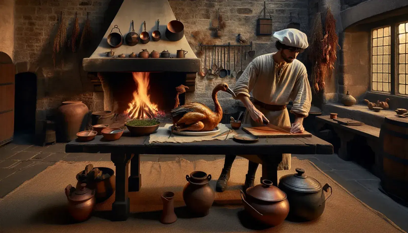 Cucina antica con mura in pietra, grande camino acceso e tavolo in legno con utensili d'epoca, cuoco intento a tagliare un gru arrosto.