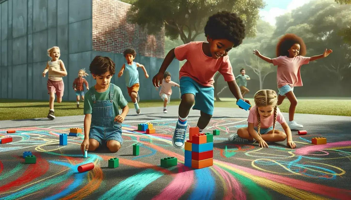 Niños diversos jugando en un parque, uno construye con bloques de colores y otro dibuja con tizas en el suelo, mientras otros corren y leen en la hierba.