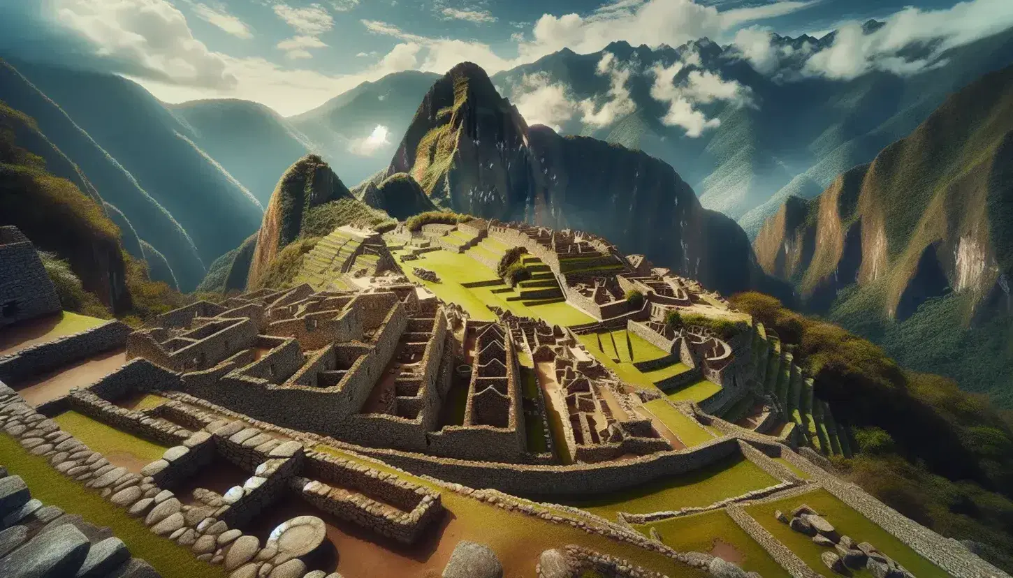 Vista panorámica de las ruinas de Machu Picchu con terrazas de piedra y vegetación en montañas, bajo un cielo azul claro.