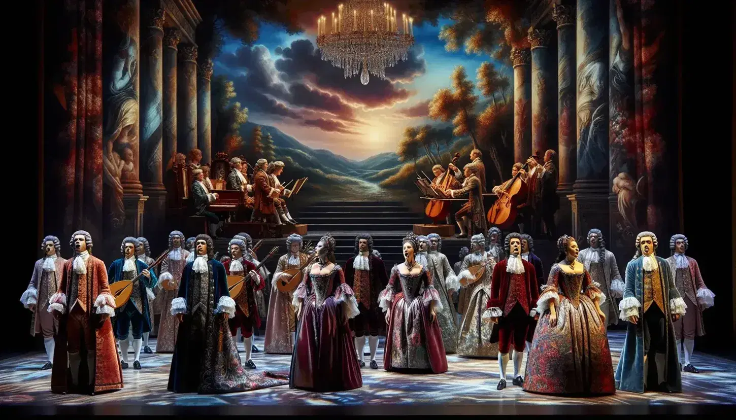 Rappresentazione storica di un'opera di Claudio Monteverdi con cantanti in costumi barocchi e musicisti con strumenti d'epoca su palcoscenico ornato.