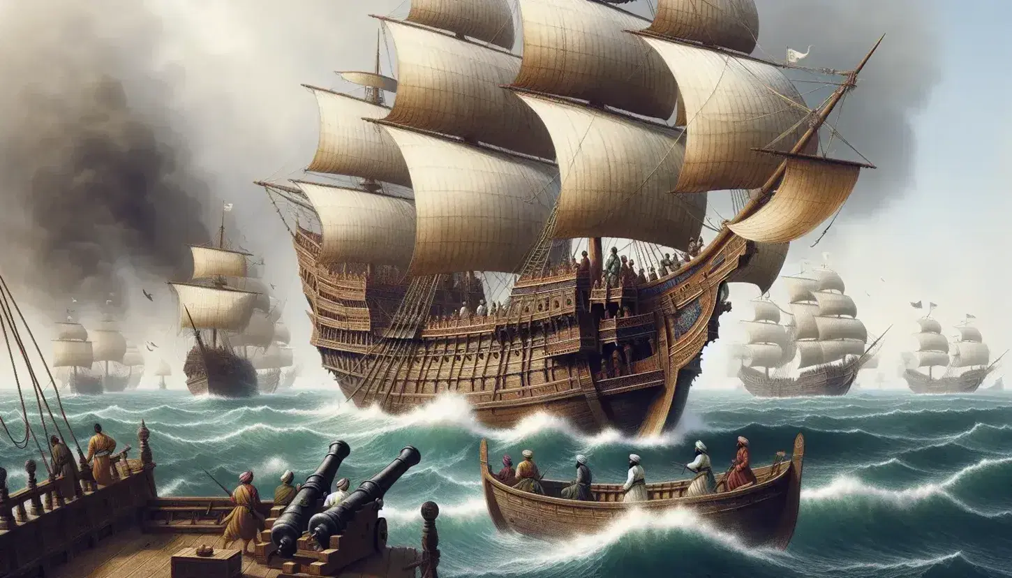 Mughal warship with lateen sails navigates blue-green waters amid naval battle, sailors manning cannons on deck, another ship shrouded in battle mist.