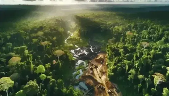 Vista aerea di una foresta rigogliosa con corsi d'acqua e una piccola area disboscata con macchinari pesanti, sotto un cielo parzialmente nuvoloso.