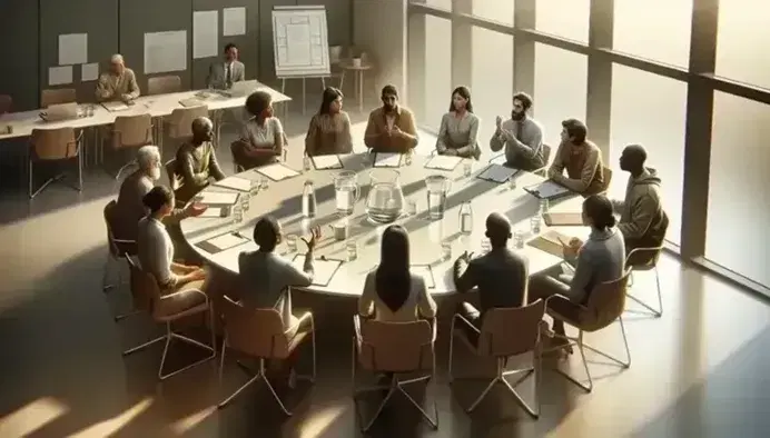 Diverse group in discussion around a circular table with water pitcher and documents, in a bright room with large windows, suggesting collaboration.